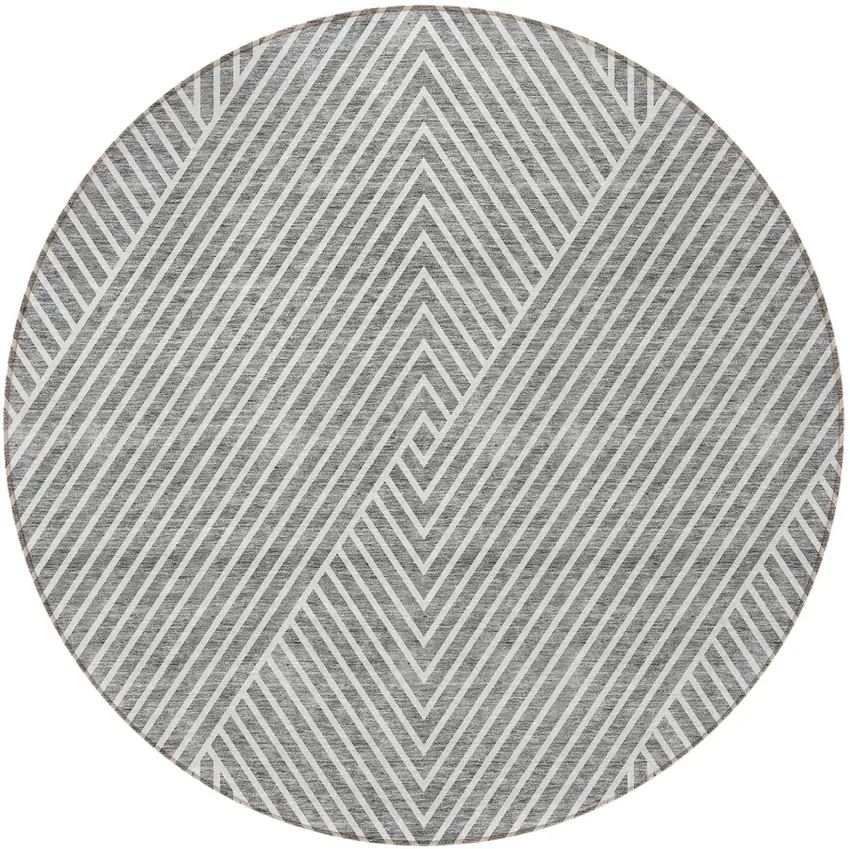 8' Gray And Ivory Round Geometric Washable Indoor Outdoor Area Rug Photo 5