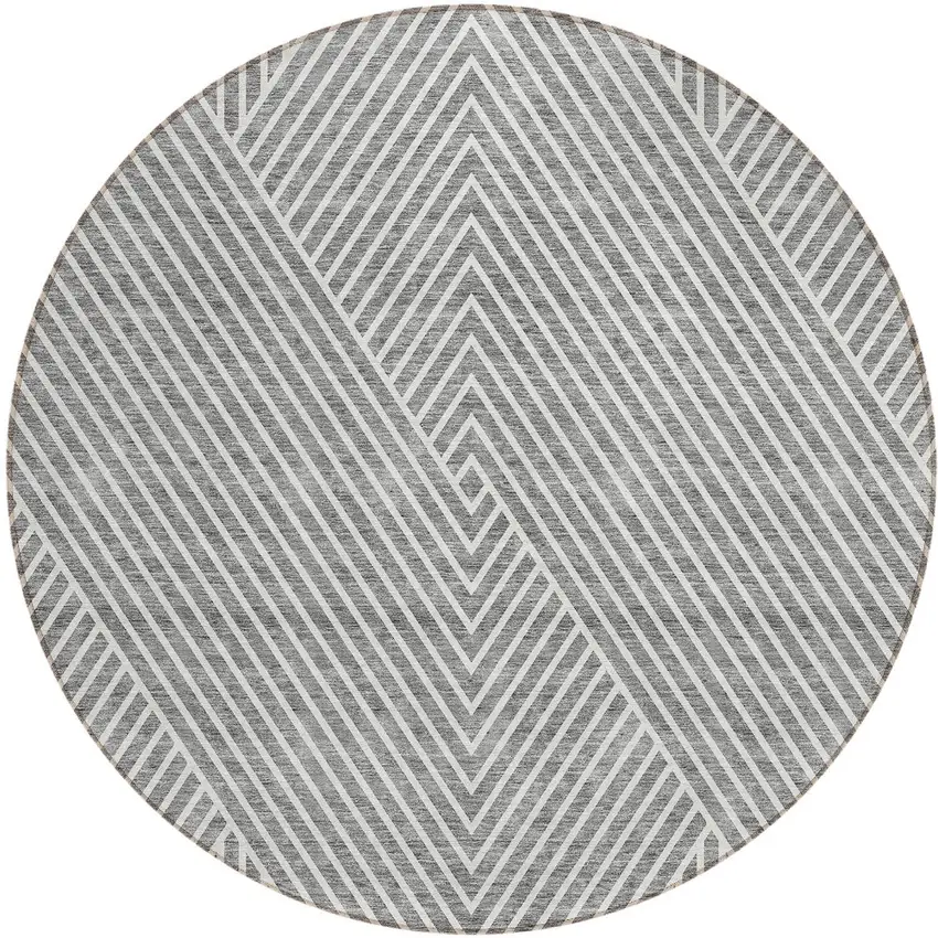 8' Gray And Ivory Round Geometric Washable Indoor Outdoor Area Rug Photo 4
