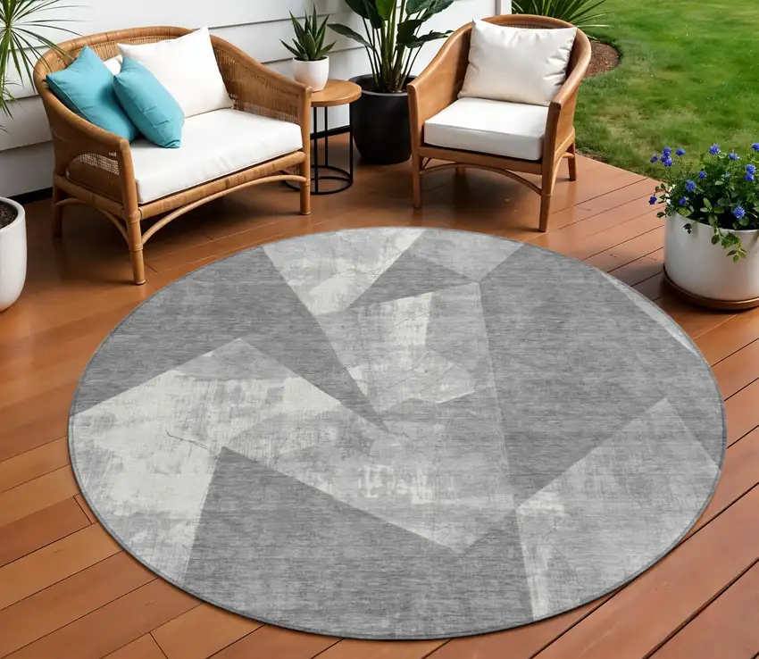8' Gray And Ivory Round Geometric Washable Indoor Outdoor Area Rug Photo 2
