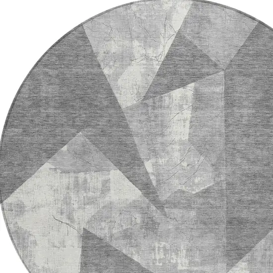 8' Gray And Ivory Round Geometric Washable Indoor Outdoor Area Rug Photo 8