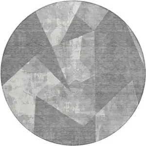 Photo of 8' Gray And Ivory Round Geometric Washable Indoor Outdoor Area Rug