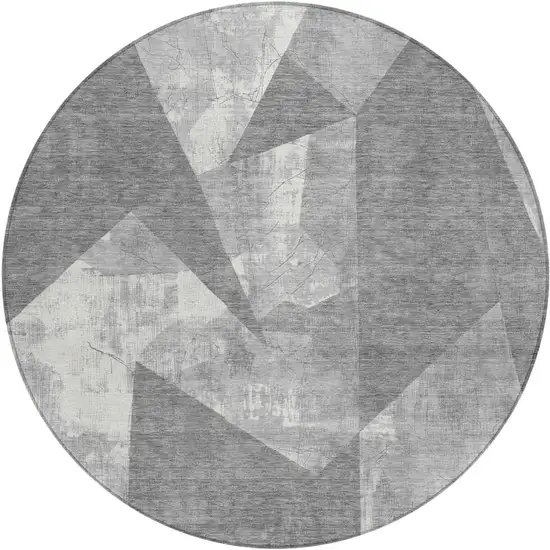 8' Gray And Ivory Round Geometric Washable Indoor Outdoor Area Rug Photo 1