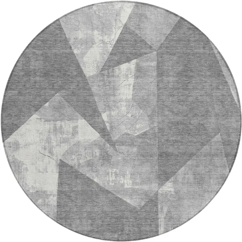 8' Gray And Ivory Round Geometric Washable Indoor Outdoor Area Rug Photo 1