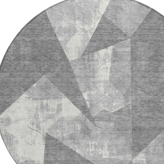 8' Gray And Ivory Round Geometric Washable Indoor Outdoor Area Rug Photo 4