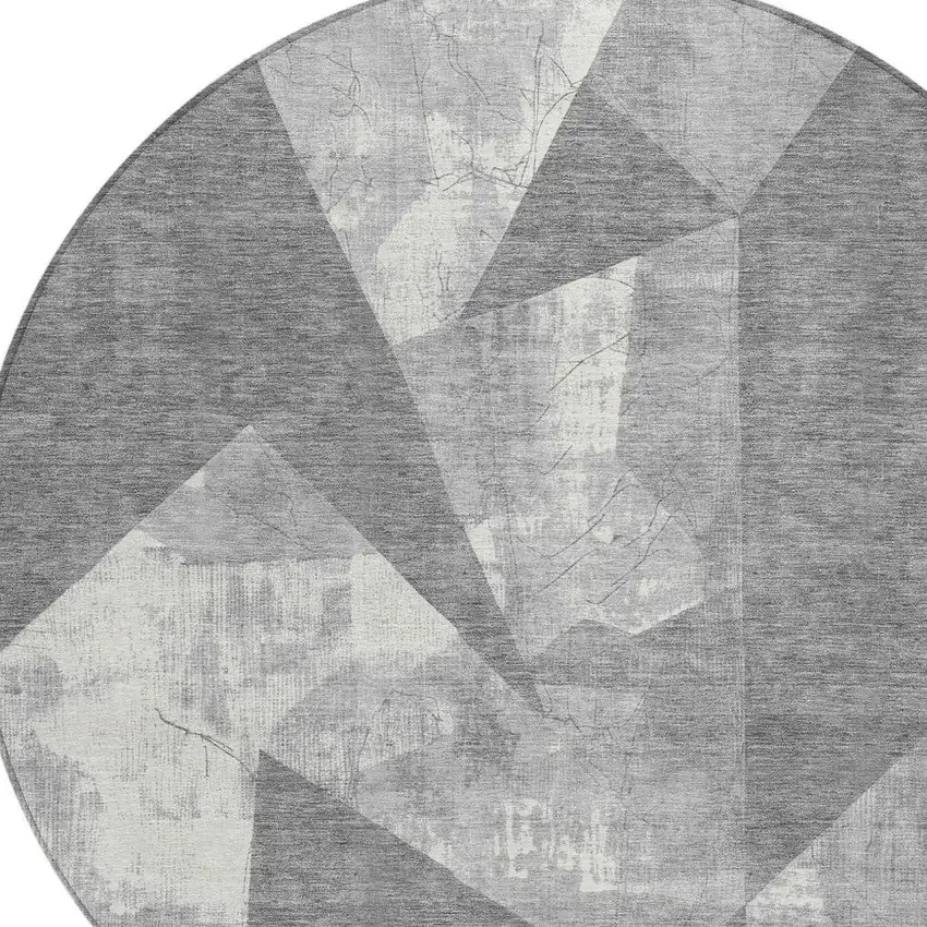 8' Gray And Ivory Round Geometric Washable Indoor Outdoor Area Rug Photo 4