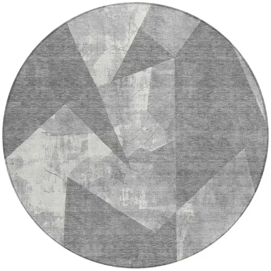 8' Gray And Ivory Round Geometric Washable Indoor Outdoor Area Rug Photo 3