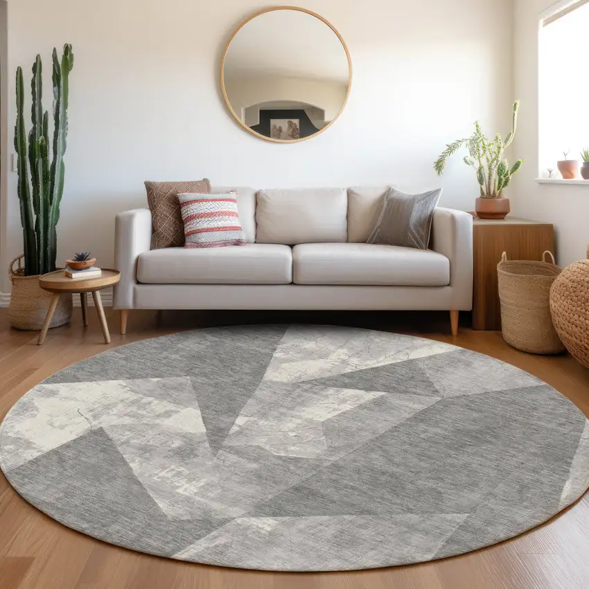 8' Gray And Ivory Round Geometric Washable Indoor Outdoor Area Rug Photo 6