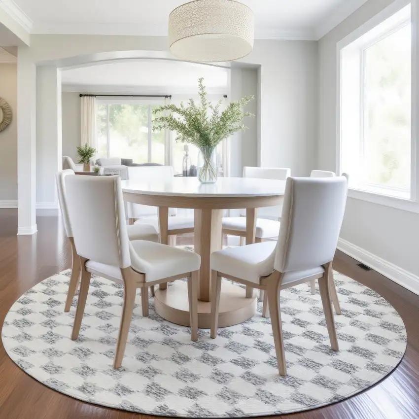 8' Gray And Ivory Round Geometric Washable Indoor Outdoor Area Rug Photo 6