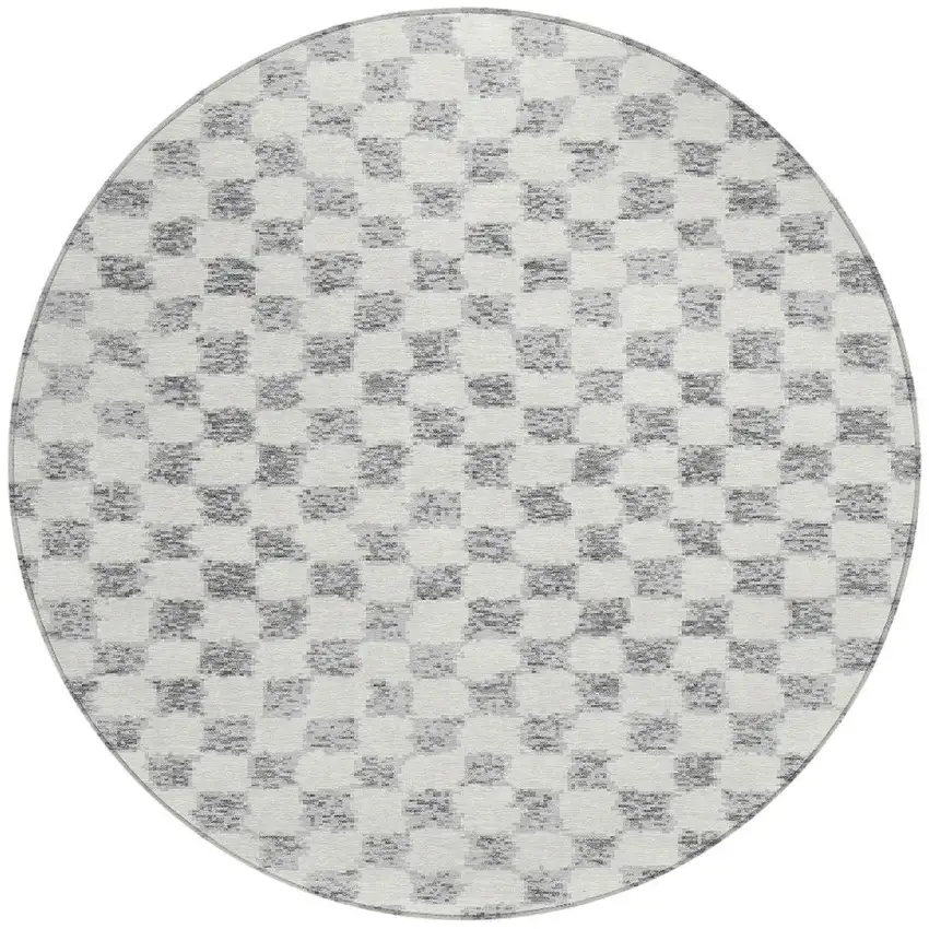 8' Gray And Ivory Round Geometric Washable Indoor Outdoor Area Rug Photo 3