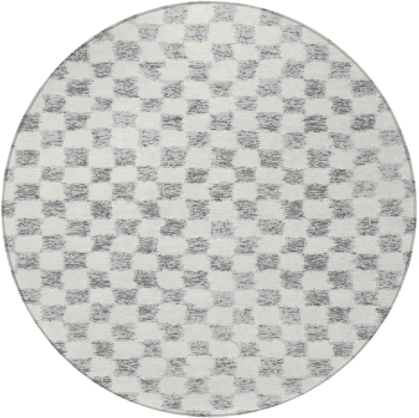 8' Gray And Ivory Round Geometric Washable Indoor Outdoor Area Rug Photo 4