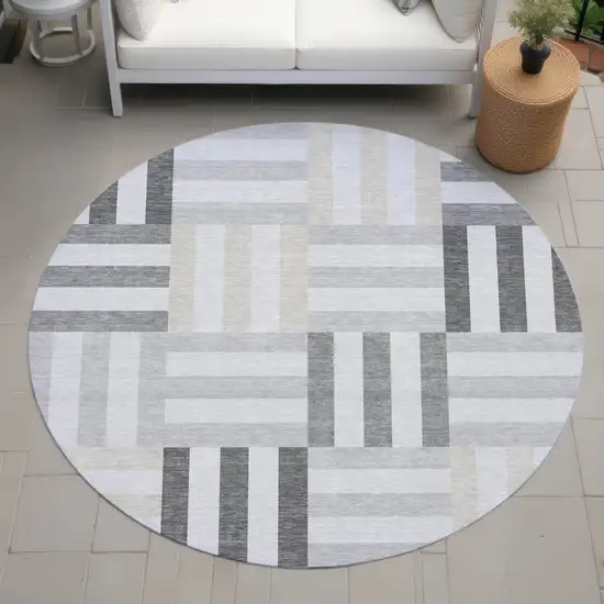 8' Gray And Ivory Round Geometric Washable Indoor Outdoor Area Rug Photo 7