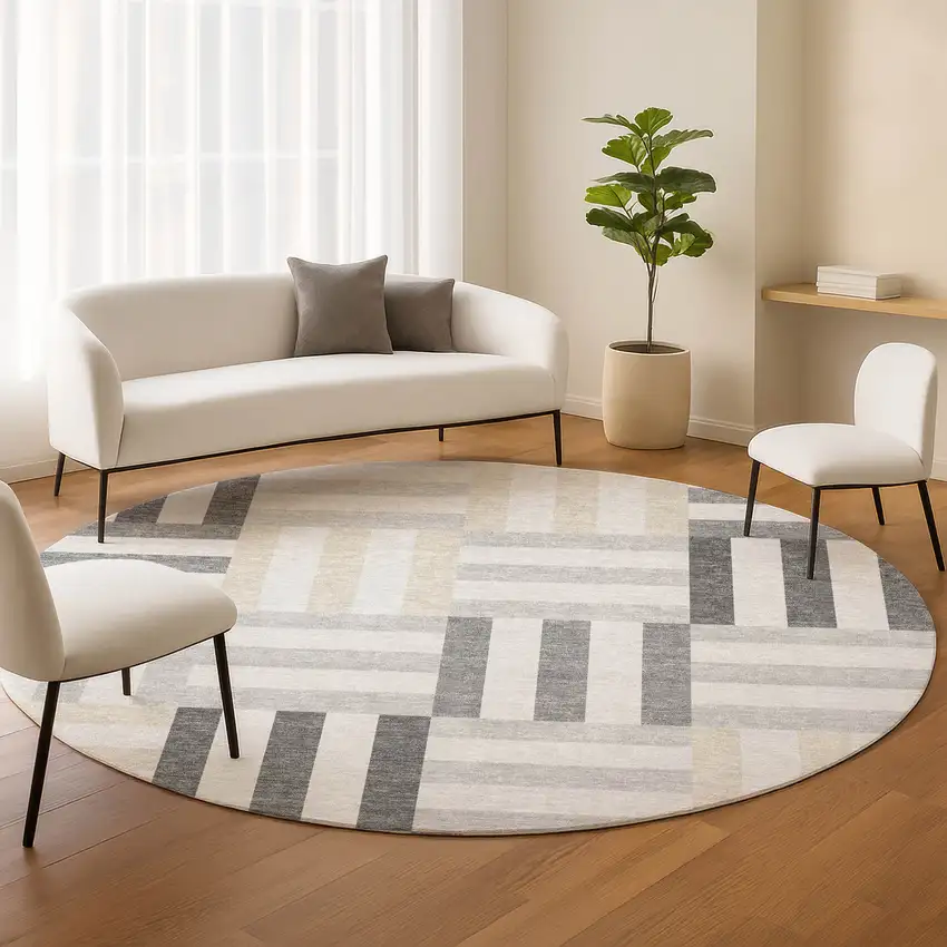 8' Gray And Ivory Round Geometric Washable Indoor Outdoor Area Rug Photo 9