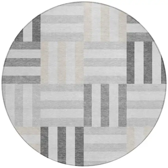 8' Gray And Ivory Round Geometric Washable Indoor Outdoor Area Rug Photo 4