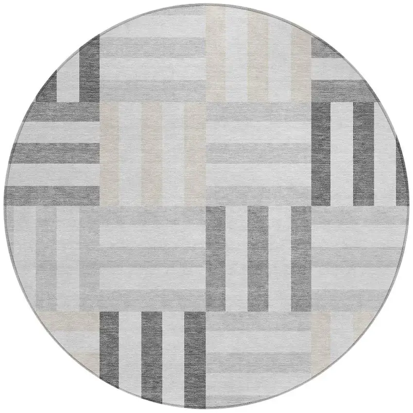 8' Gray And Ivory Round Geometric Washable Indoor Outdoor Area Rug Photo 4