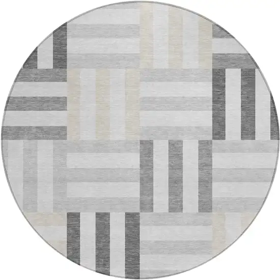 8' Gray And Ivory Round Geometric Washable Indoor Outdoor Area Rug Photo 2