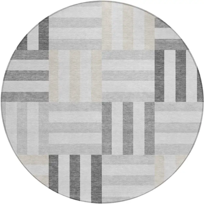 8' Gray And Ivory Round Geometric Washable Indoor Outdoor Area Rug Photo 2