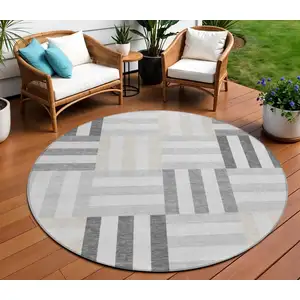 Photo of 8' Gray And Ivory Round Geometric Washable Indoor Outdoor Area Rug