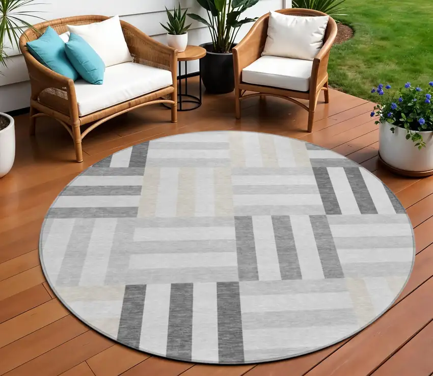 8' Gray And Ivory Round Geometric Washable Indoor Outdoor Area Rug Photo 1