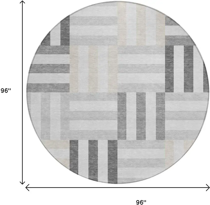 8' Gray And Ivory Round Geometric Washable Indoor Outdoor Area Rug Photo 3