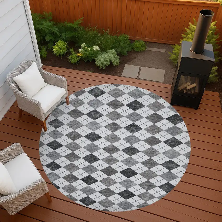 8' Gray And Ivory Round Geometric Washable Indoor Outdoor Area Rug Photo 6