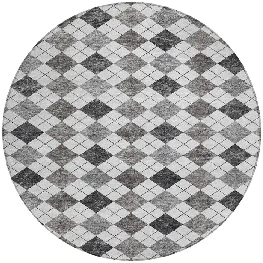 8' Gray And Ivory Round Geometric Washable Indoor Outdoor Area Rug Photo 4