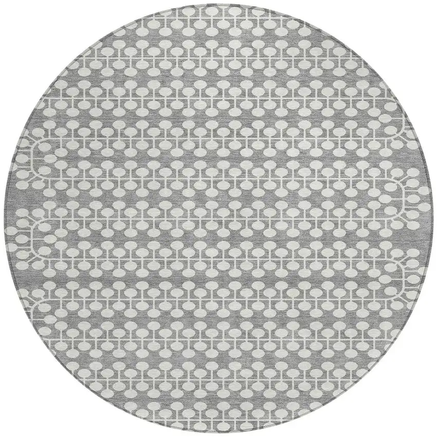 8' Gray And Ivory Round Geometric Washable Indoor Outdoor Area Rug Photo 4