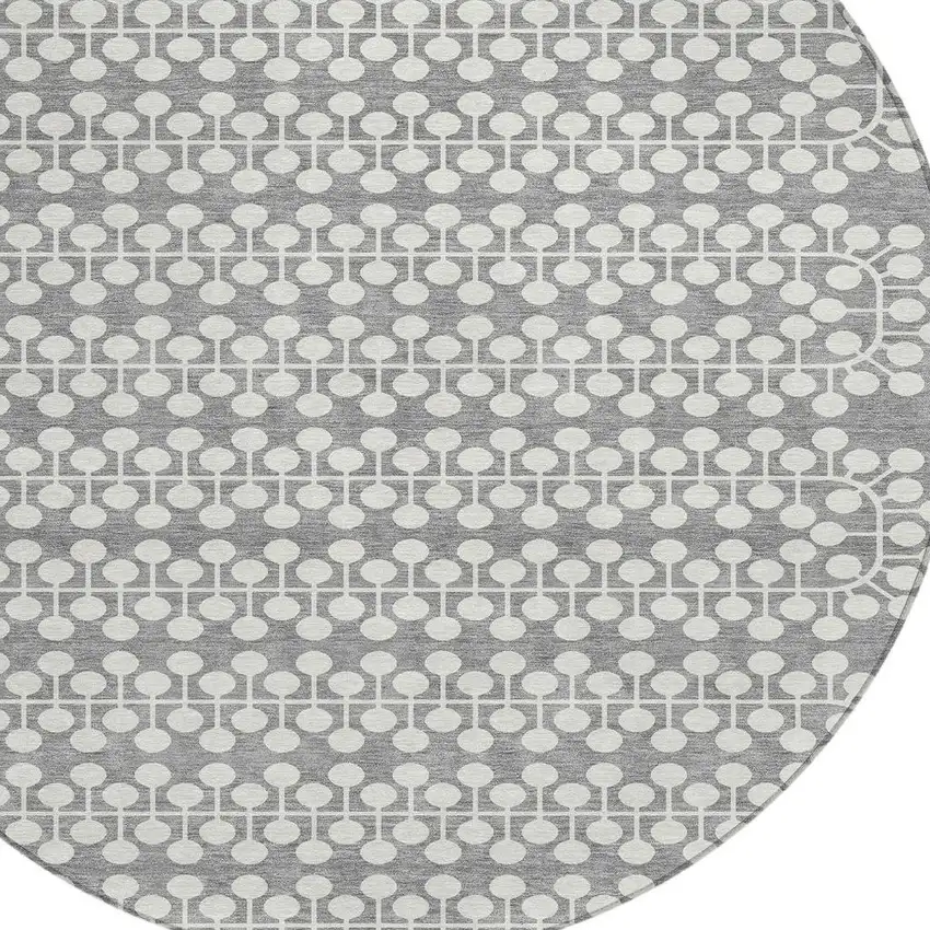 8' Gray And Ivory Round Geometric Washable Indoor Outdoor Area Rug Photo 6