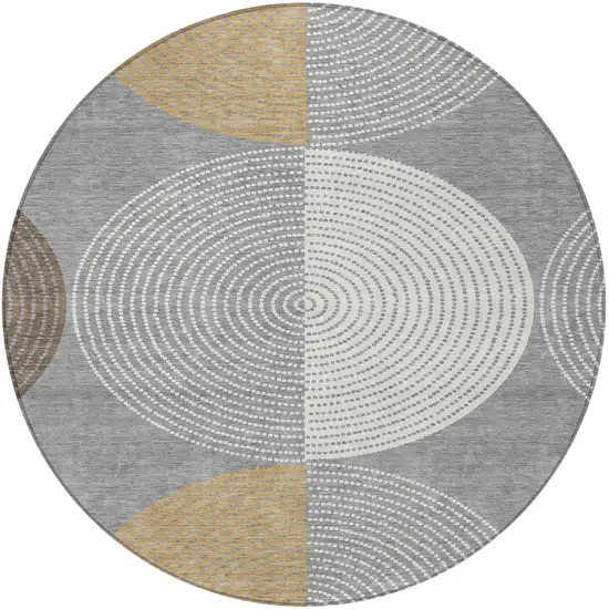 8' Gray And Ivory Round Geometric Washable Indoor Outdoor Area Rug Photo 5