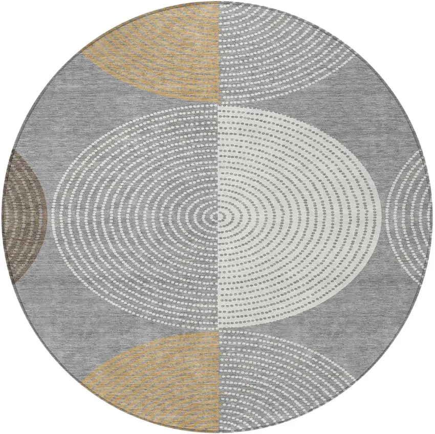 8' Gray And Ivory Round Geometric Washable Indoor Outdoor Area Rug Photo 5