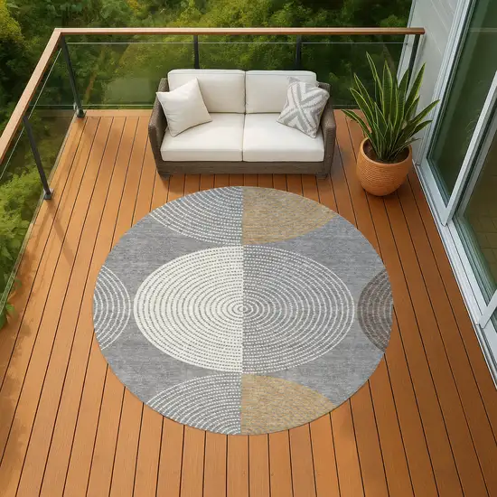 8' Gray And Ivory Round Geometric Washable Indoor Outdoor Area Rug Photo 8