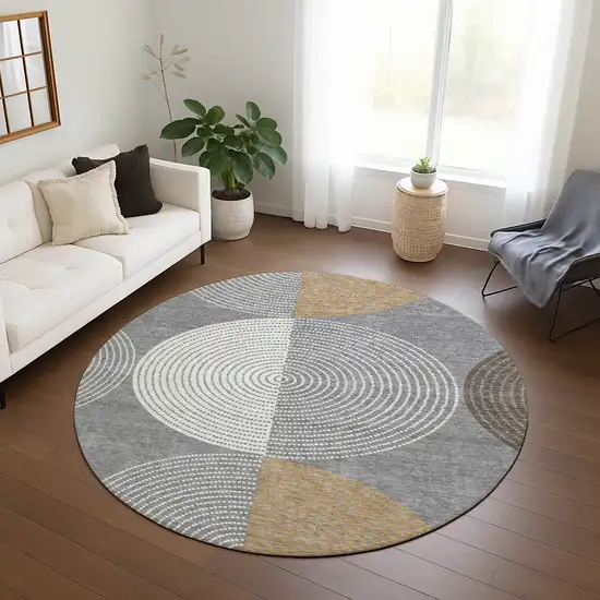 8' Gray And Ivory Round Geometric Washable Indoor Outdoor Area Rug Photo 9