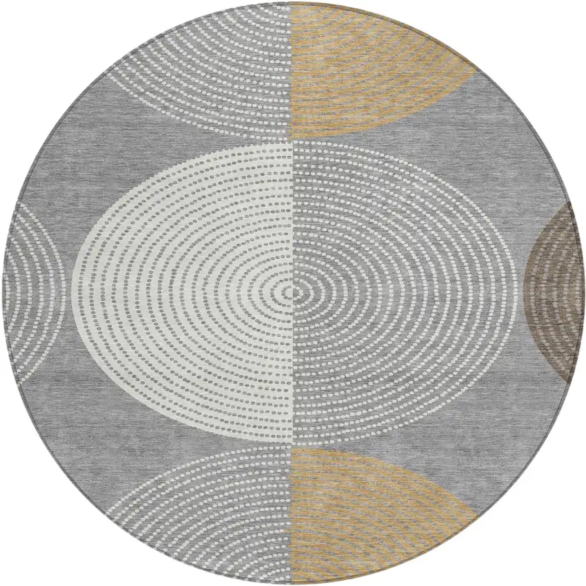 8' Gray And Ivory Round Geometric Washable Indoor Outdoor Area Rug Photo 2