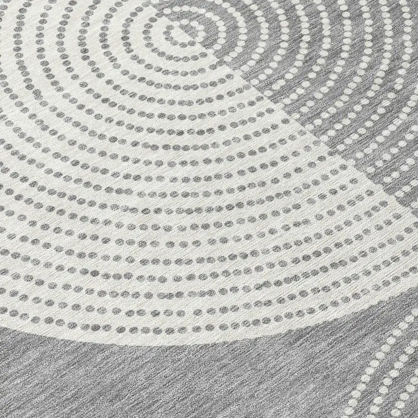8' Gray And Ivory Round Geometric Washable Indoor Outdoor Area Rug Photo 7