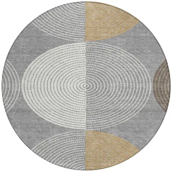 8' Gray And Ivory Round Geometric Washable Indoor Outdoor Area Rug Photo 4