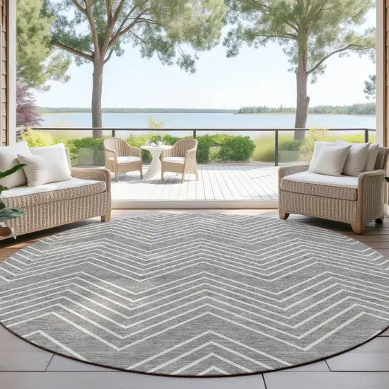 8' Gray And Ivory Round Geometric Washable Indoor Outdoor Area Rug Photo 4