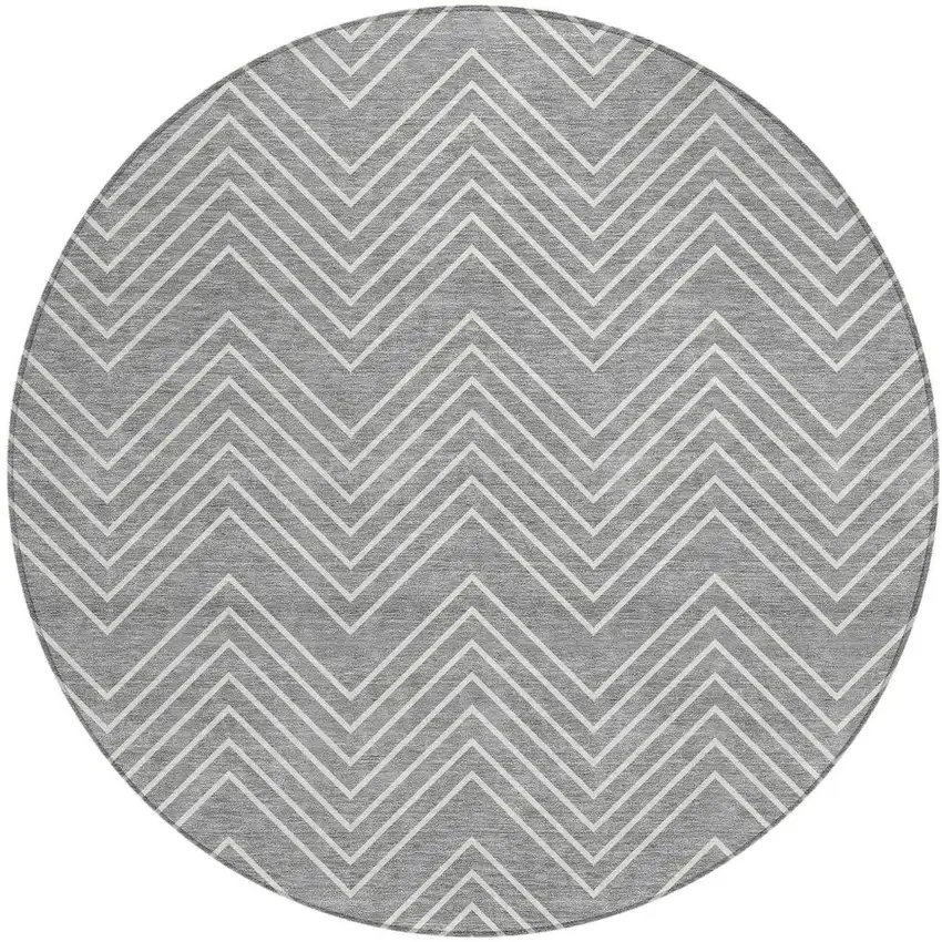 8' Gray And Ivory Round Geometric Washable Indoor Outdoor Area Rug Photo 3