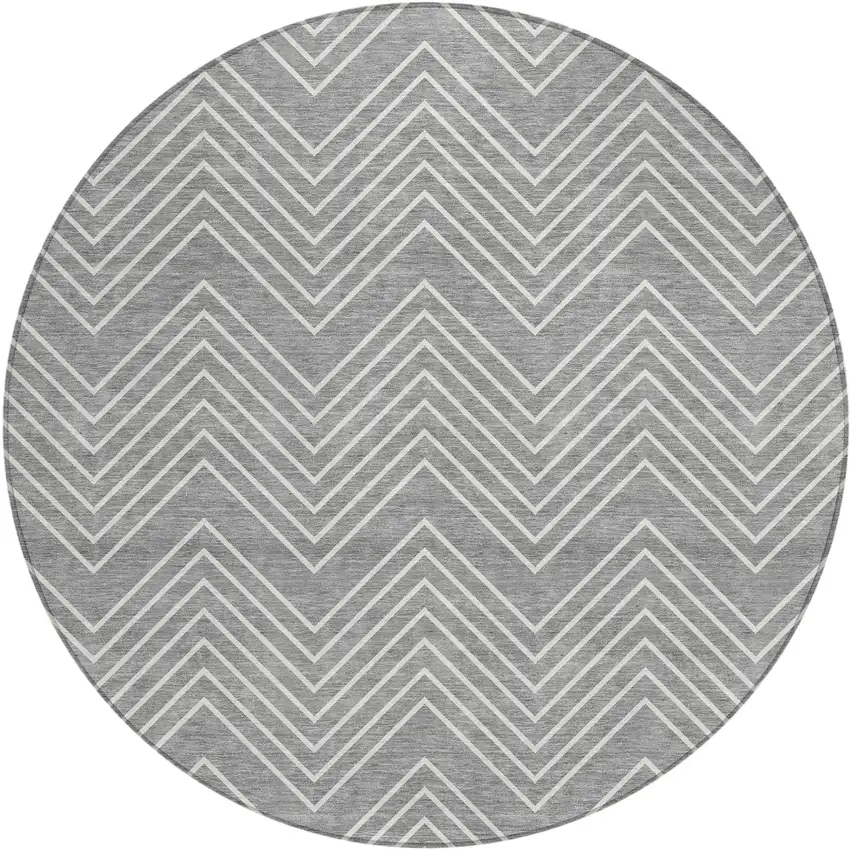 8' Gray And Ivory Round Geometric Washable Indoor Outdoor Area Rug Photo 1