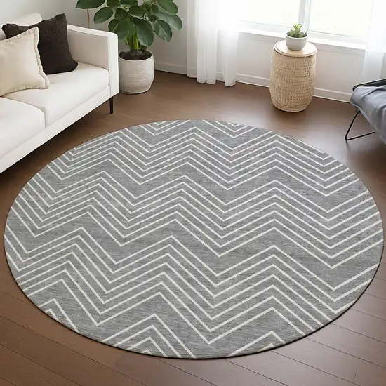 8' Gray And Ivory Round Geometric Washable Indoor Outdoor Area Rug Photo 5