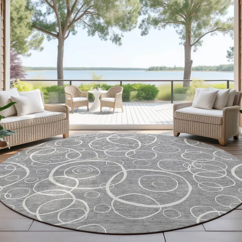 8' Gray And Ivory Round Geometric Washable Indoor Outdoor Area Rug Photo 4