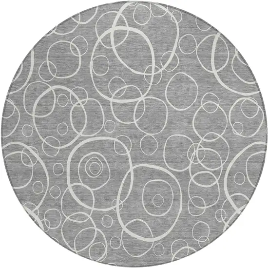 8' Gray And Ivory Round Geometric Washable Indoor Outdoor Area Rug Photo 1