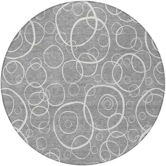 8' Gray And Ivory Round Geometric Washable Indoor Outdoor Area Rug Photo 3