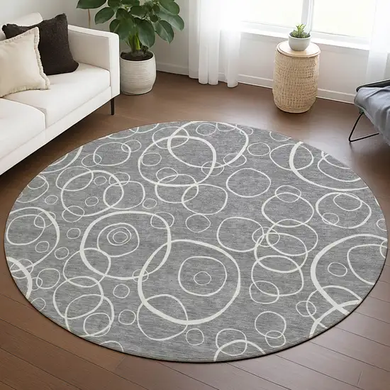8' Gray And Ivory Round Geometric Washable Indoor Outdoor Area Rug Photo 5