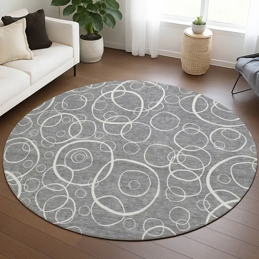 8' Gray And Ivory Round Geometric Washable Indoor Outdoor Area Rug Photo 5