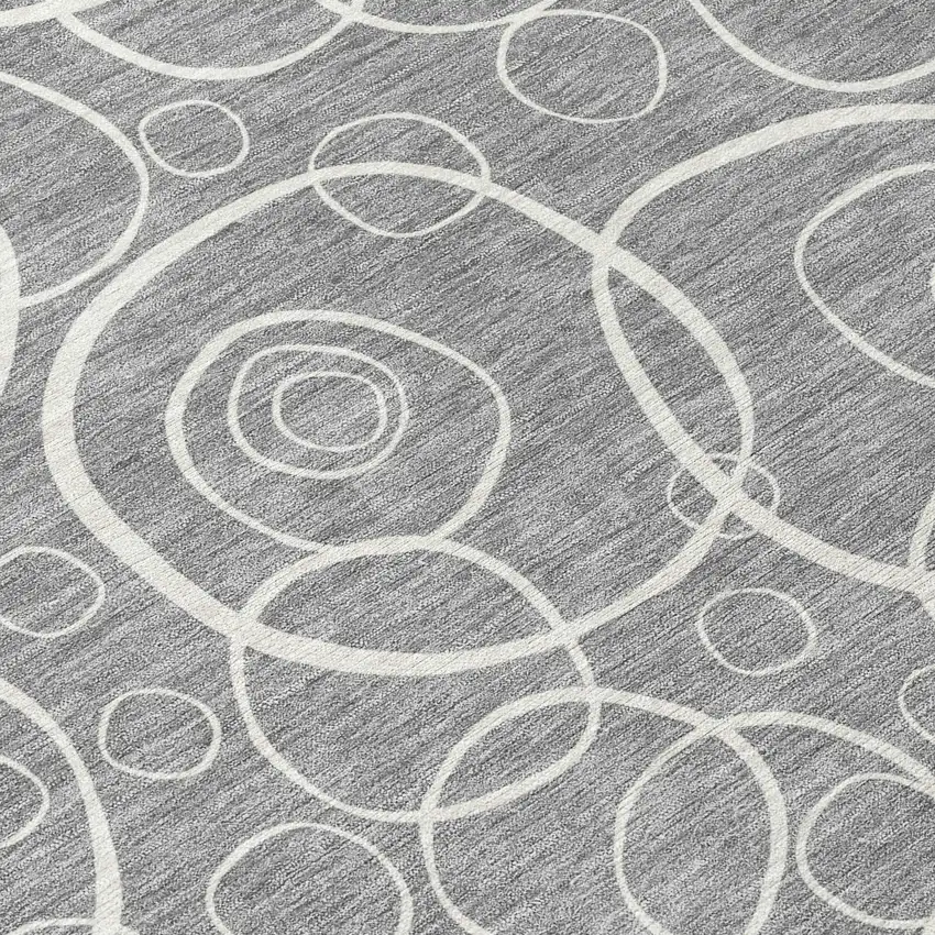8' Gray And Ivory Round Geometric Washable Indoor Outdoor Area Rug Photo 9