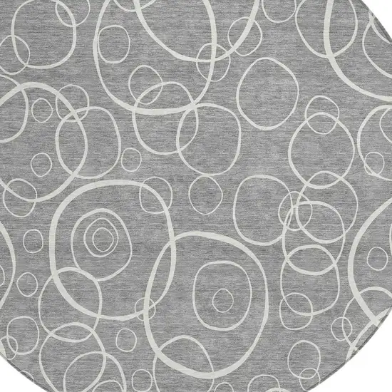 8' Gray And Ivory Round Geometric Washable Indoor Outdoor Area Rug Photo 2