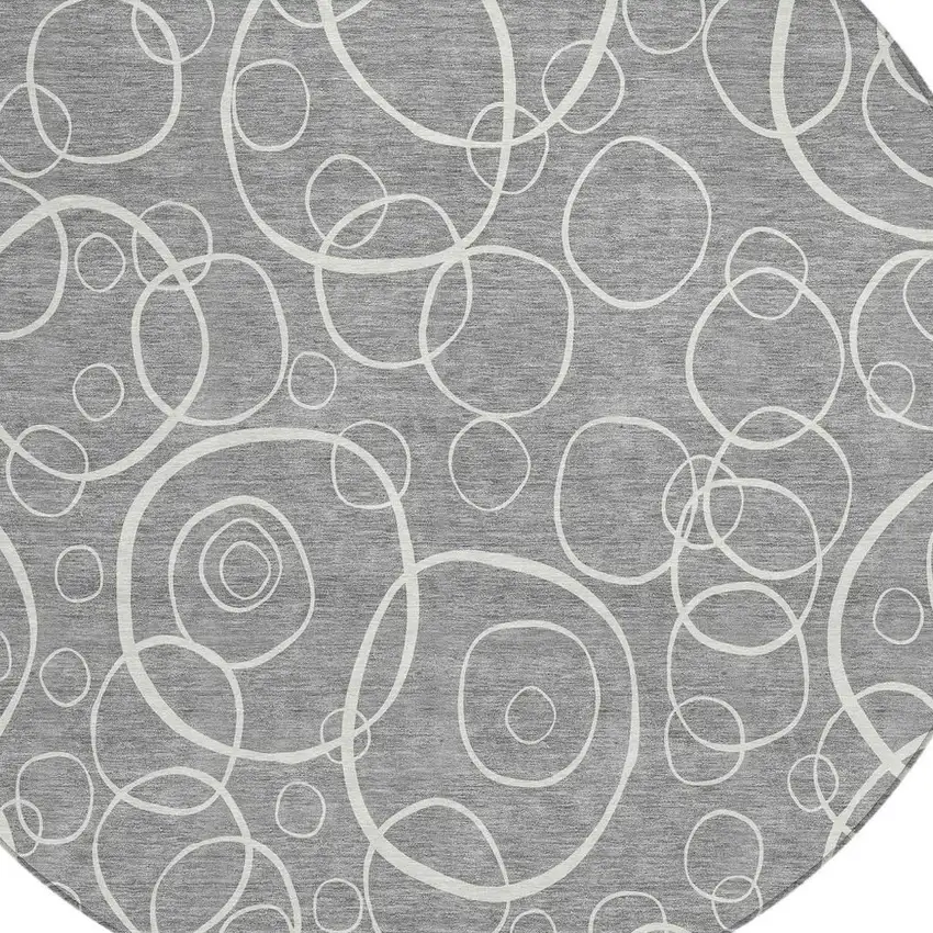 8' Gray And Ivory Round Geometric Washable Indoor Outdoor Area Rug Photo 2