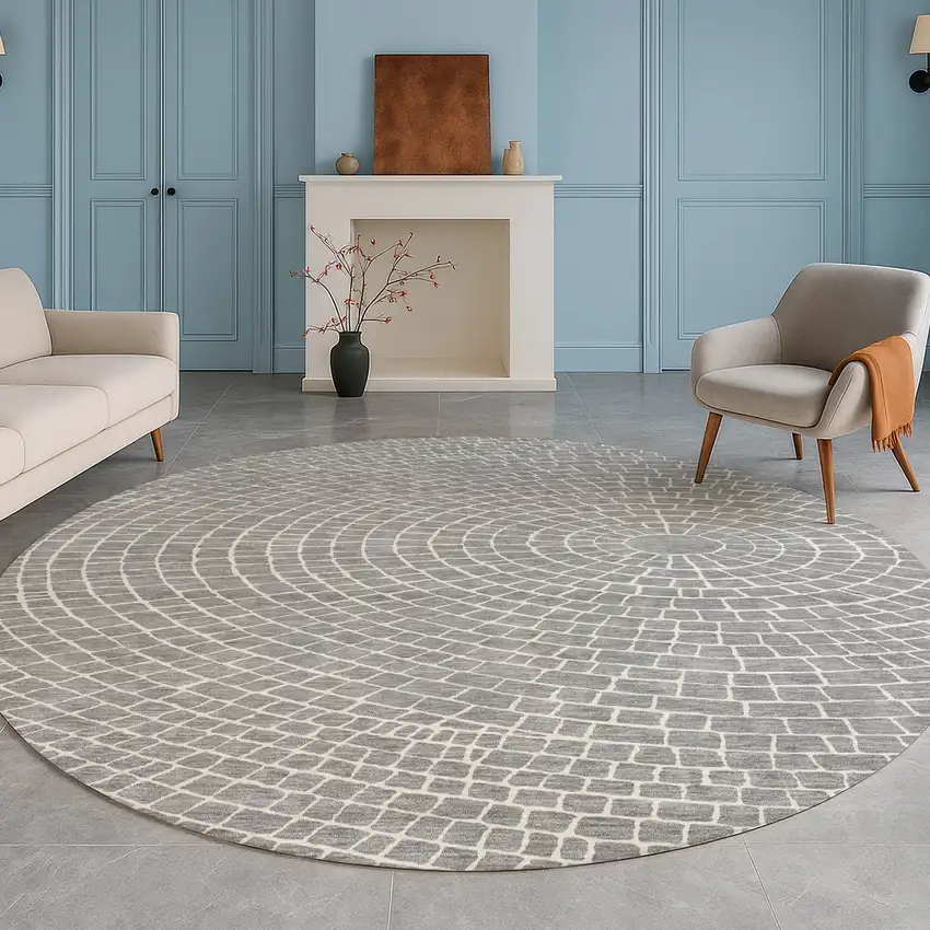 8' Gray And Ivory Round Geometric Washable Indoor Outdoor Area Rug Photo 5