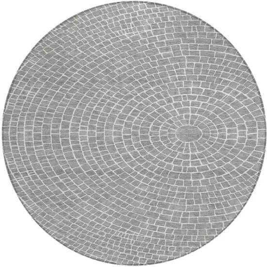 8' Gray And Ivory Round Geometric Washable Indoor Outdoor Area Rug Photo 3