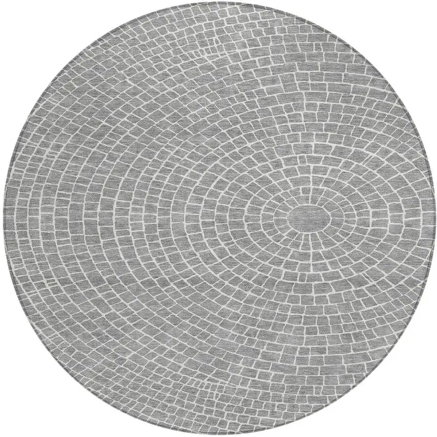 8' Gray And Ivory Round Geometric Washable Indoor Outdoor Area Rug Photo 3