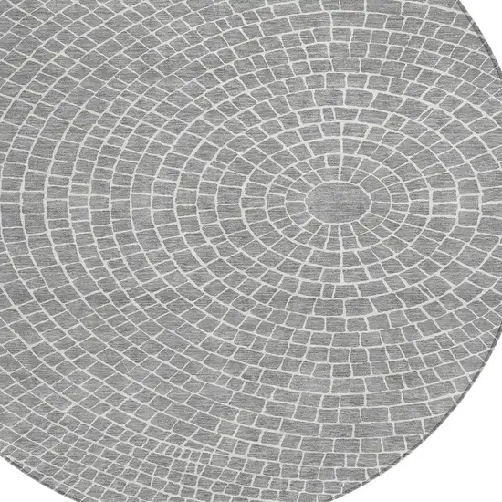 8' Gray And Ivory Round Geometric Washable Indoor Outdoor Area Rug Photo 2